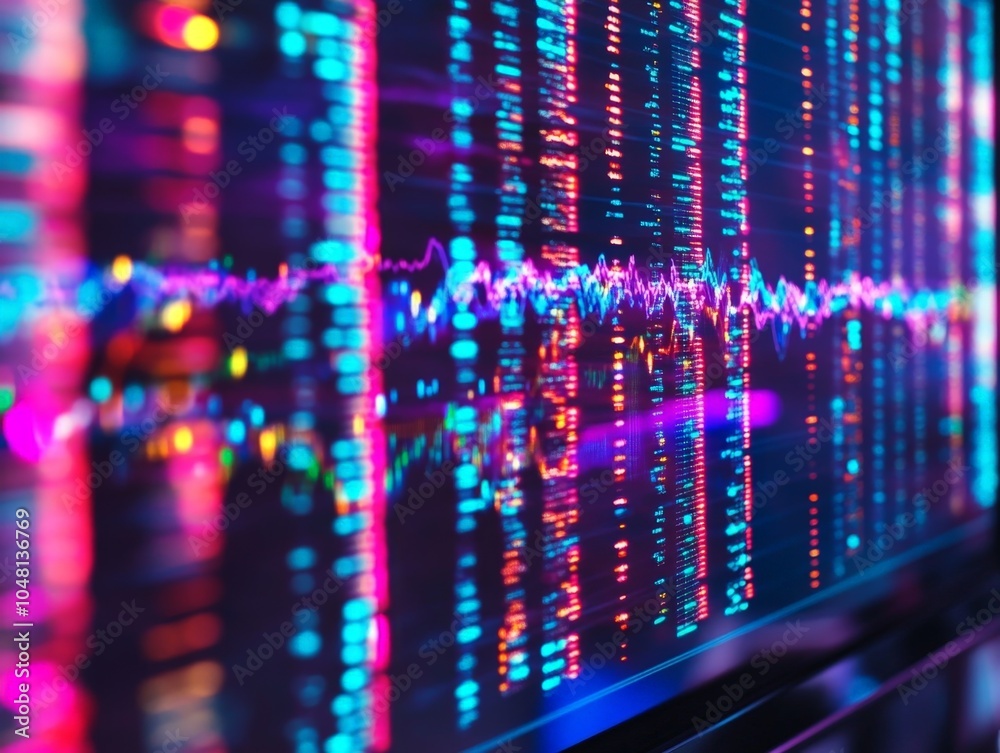 A close-up of DNA sequencing technology being used to identify genetic disorders in patients, with colorful DNA patterns displayed on a monitor. A close-up of DNA sequencing technology being used to identify genetic disorders in patients, with colorful DNA patterns displayed on a monitor.