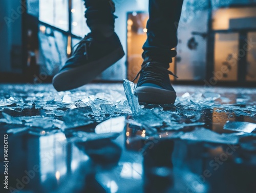 A close-up of broken glass on the floor, with a foot stepping through it, symbolizing anger and recklessness. photo