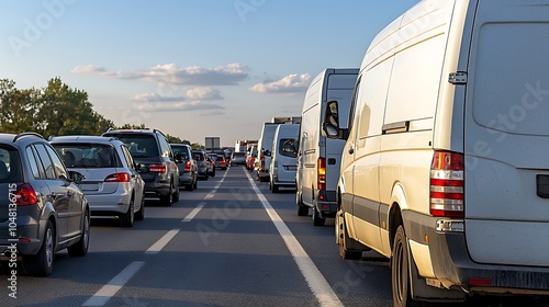 Heavy traffic jam on a busy highway during late afternoon with vehicles stopped in a long line under clear skies