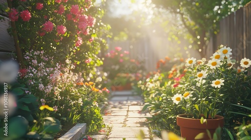 Gardening Concept. Garden Flowers and Plants on a Sunny photo