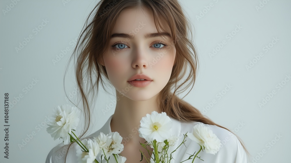 A photo of an attractive Russian woman with long hair and blue eyes wearing a white silk shirt posing for the camera against a white background A photo of an attractive Russian woman with long hair and blue eyes wearing a white silk shirt posing for the camera against a white background