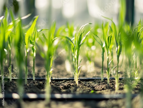 A close-up of genetically modified crops being studied for resilience against pests and climate change in a controlled greenhouse. photo