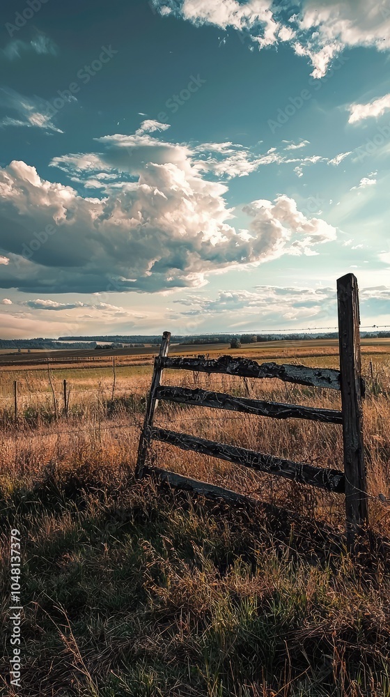 Fototapeta premium Cracked Fence in a Picturesque Rural Scene
