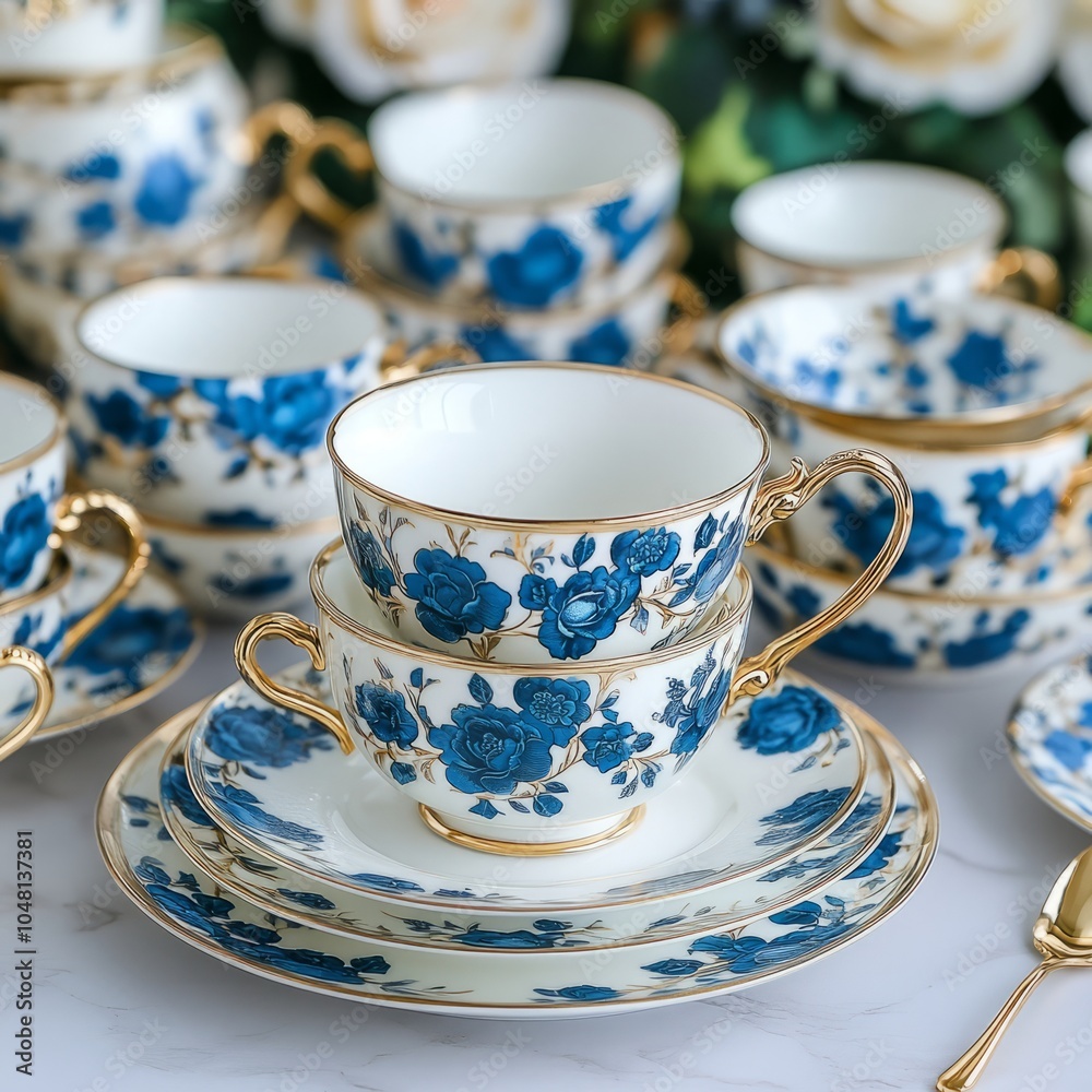 Elegant blue floral tea set arranged with delicate cups and saucers. Elegant blue floral tea set arranged with delicate cups and saucers.