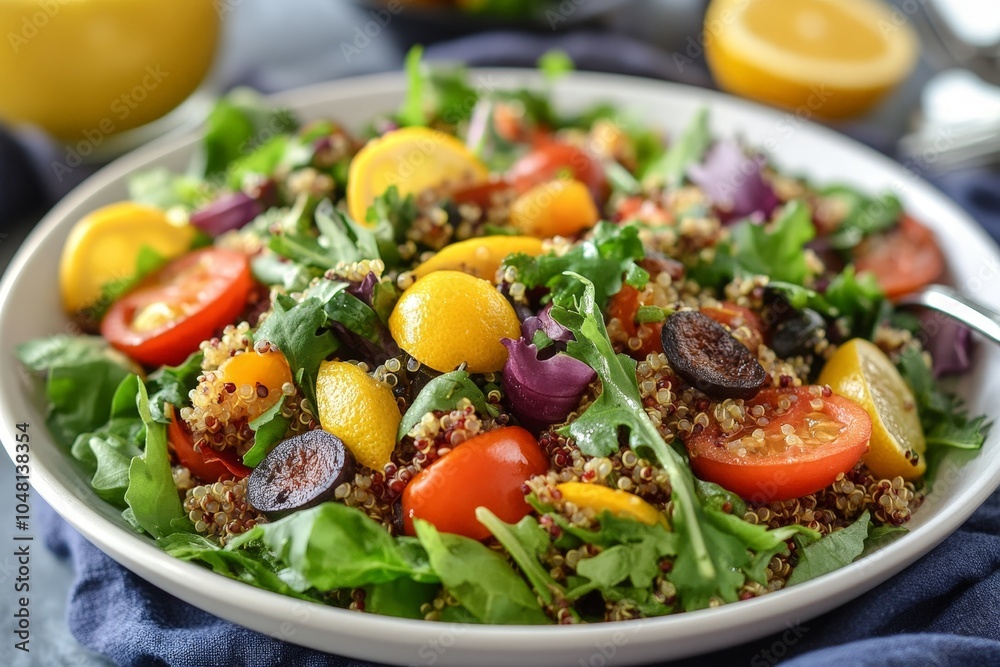 A colorful plant-based quinoa salad, loaded with roasted vegetables, fresh greens, and a citrus dressing, perfect for lunch. A colorful plant-based quinoa salad, loaded with roasted vegetables, fresh greens, and a citrus dressing, perfect for lunch.