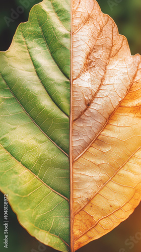 Close up of leaf veins centrally divided in green and yellow photo