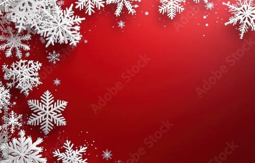 Festive Christmas background featuring white snowflakes on a vibrant red backdrop, evoking a joyful winter holiday ambiance. Perfect for seasonal greetings, invitations, and decorative designs.