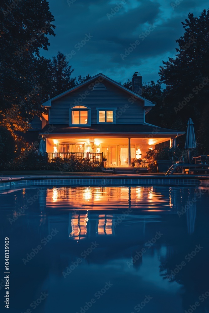 Fototapeta premium Suburban home at night featuring an illuminated swimming pool for upscale living.