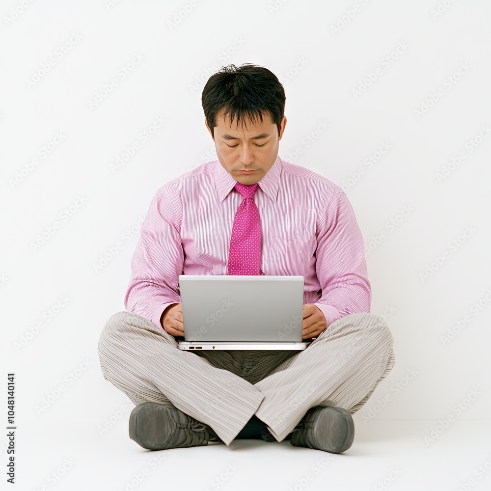 A man in a pink shirt and tie sits cross-legged, working on a laptop. A man in a pink shirt and tie sits cross-legged, working on a laptop.