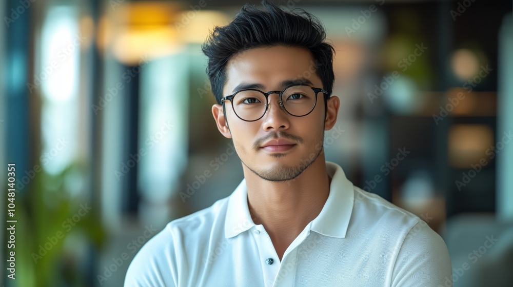 portrait of a handsome muscular man in a white polo shirt with glasses, a 30 year old Asian male portrait of a handsome muscular man in a white polo shirt with glasses, a 30 year old Asian male