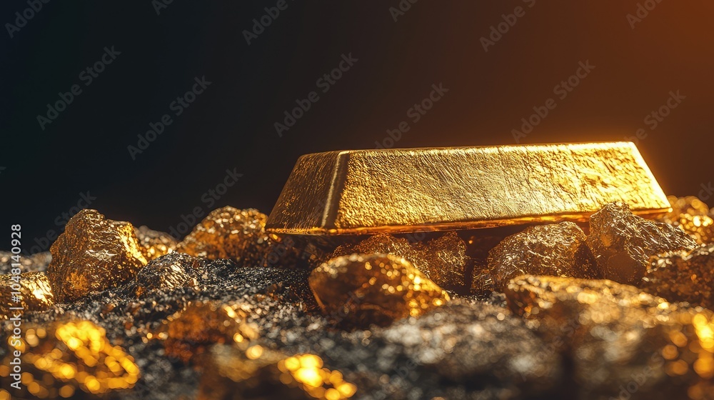 Shiny Gold Bar on Raw Gold Nuggets Shiny Gold Bar on Raw Gold Nuggets