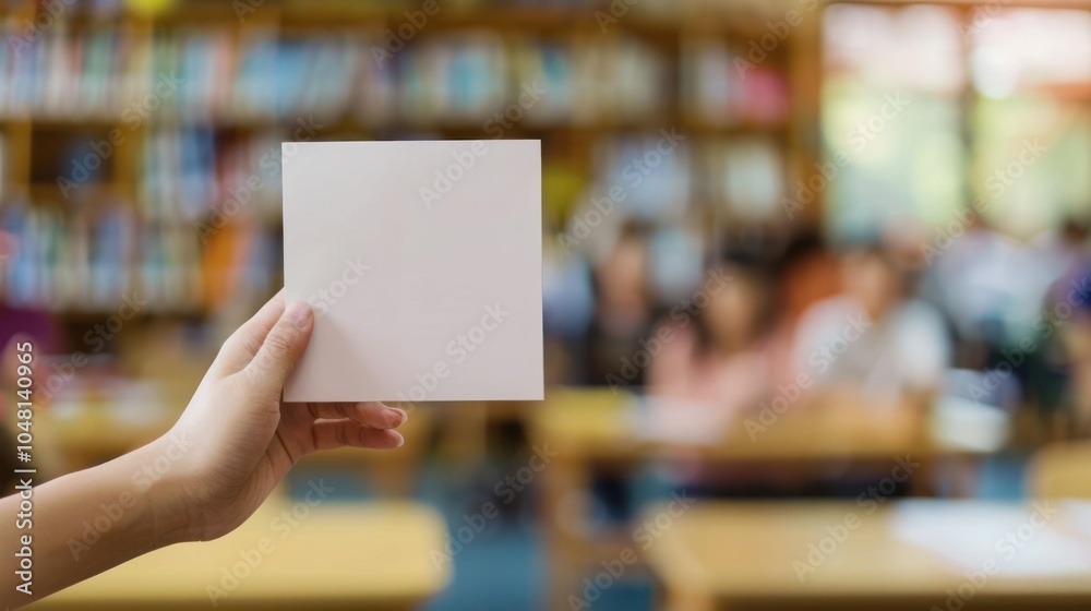 Blank Card Held by Hand in Library Setting Blank Card Held by Hand in Library Setting