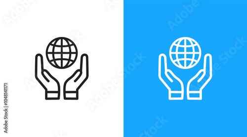 Hands and world global earth logo icon. Hands holding global world symbol. Hands giving global earth. World global earth care logo icon design template