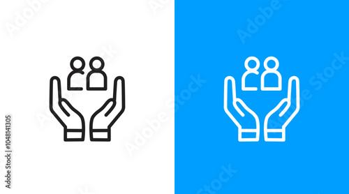 Hands and people logo icon. Hands holding people symbol. Hands giving care to people.  people and customer care logo icon design template
