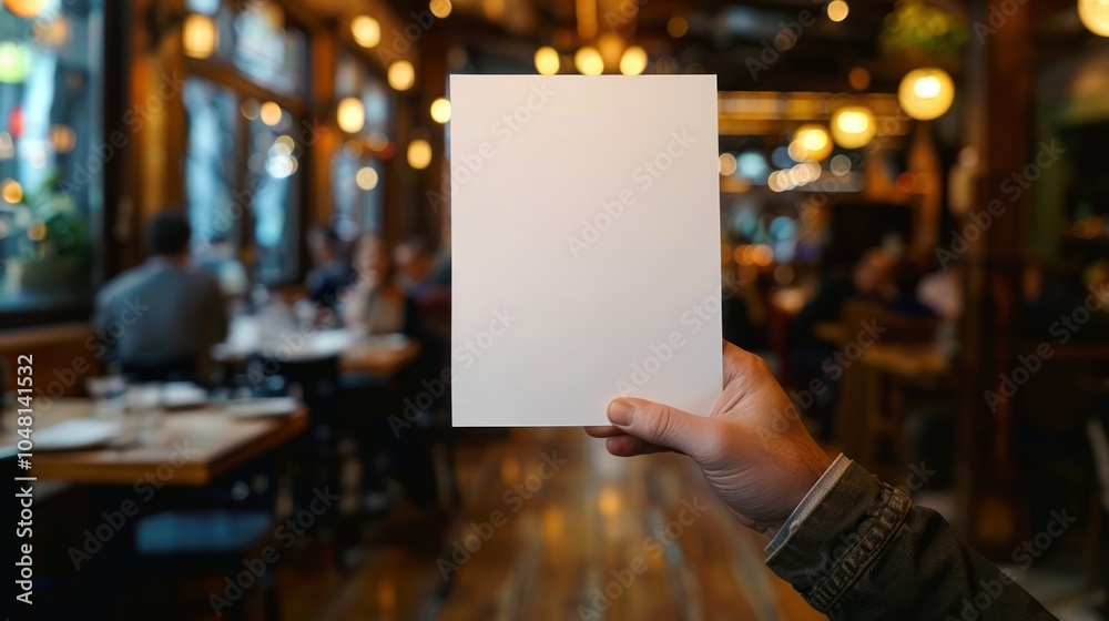 A Hand Holding a Blank White Card in a Blurred Restaurant Setting A Hand Holding a Blank White Card in a Blurred Restaurant Setting