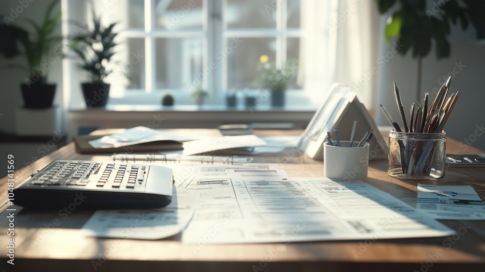 Fototapeta premium An empty scene featuring blank mockup template of accountant's desk with tax receipts, 