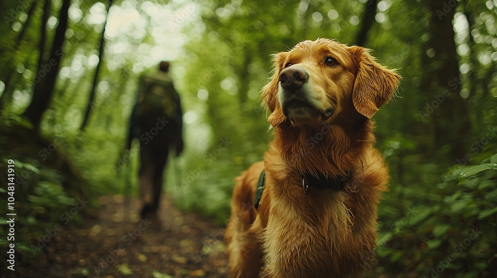 Dog leading hiker on forest path fresh spring greenery surrounding trail commercial photography ultra hd clean sharp focus Dog leading hiker on forest path fresh spring greenery surrounding trail commercial photography ultra hd clean sharp focus