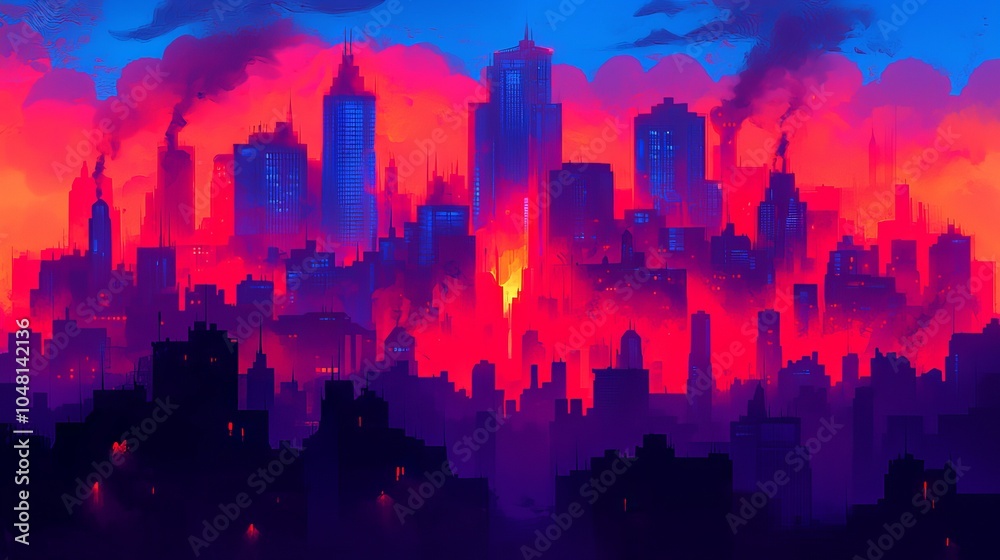 City Skyline Silhouette at Sunset with Pink and Blue Clouds City Skyline Silhouette at Sunset with Pink and Blue Clouds