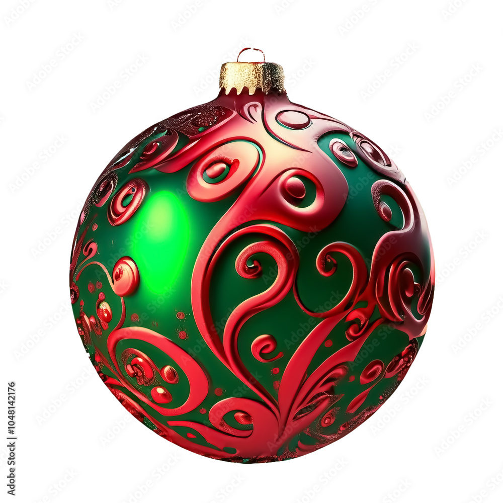 Christmas ornament ball, with a matte green surface decorated with red folds on transparent background Christmas ornament ball, with a matte green surface decorated with red folds on transparent background