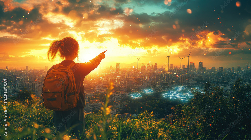 Obraz premium At sunset, a woman points her fingers towards the distant city and wind turbines