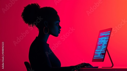 Silhouette of Woman Working on Computer with Neon Lights