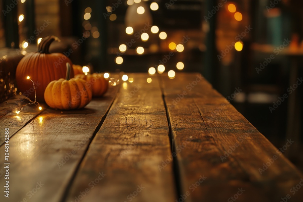 Close up view of an oak wood table decorated for a delightful thanksgiving evening, the table is adorned with twinkling fairy lights and rustic pumpkins in a restaurant in Newcastle Close up view of an oak wood table decorated for a delightful thanksgiving evening, the table is adorned with twinkling fairy lights and rustic pumpkins in a restaurant in Newcastle