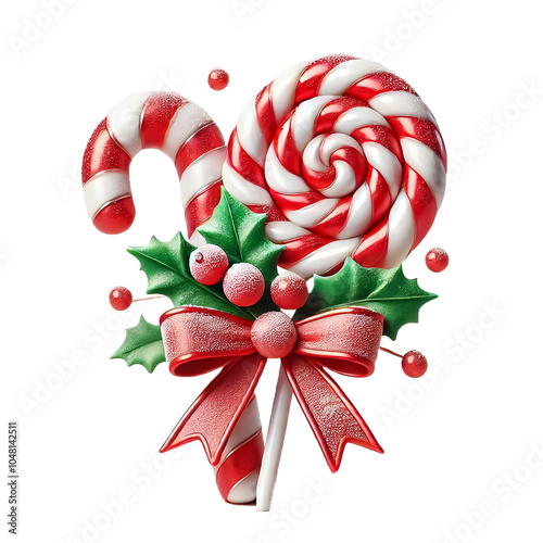 Red and white candy canes decorated with Christmas flowers on transparent background