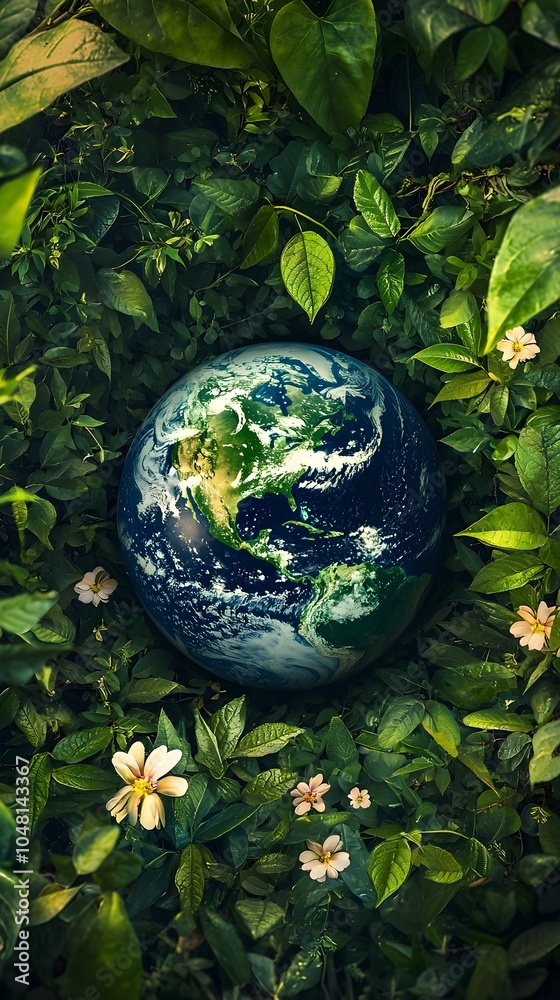 Planet Earth Enveloped in Vibrant Green Leaves and Blooming Flowers Symbolizing Life s Abundance and Sustainability Planet Earth Enveloped in Vibrant Green Leaves and Blooming Flowers Symbolizing Life s Abundance and Sustainability