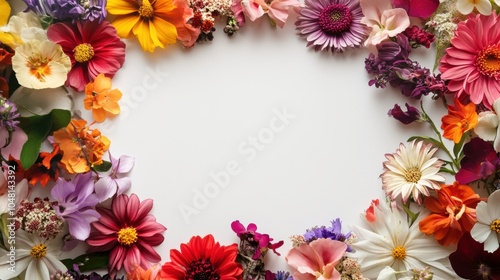 Vibrant Floral Border Banner, colorful blooms framing a blank white space, perfect for invitations or announcements.