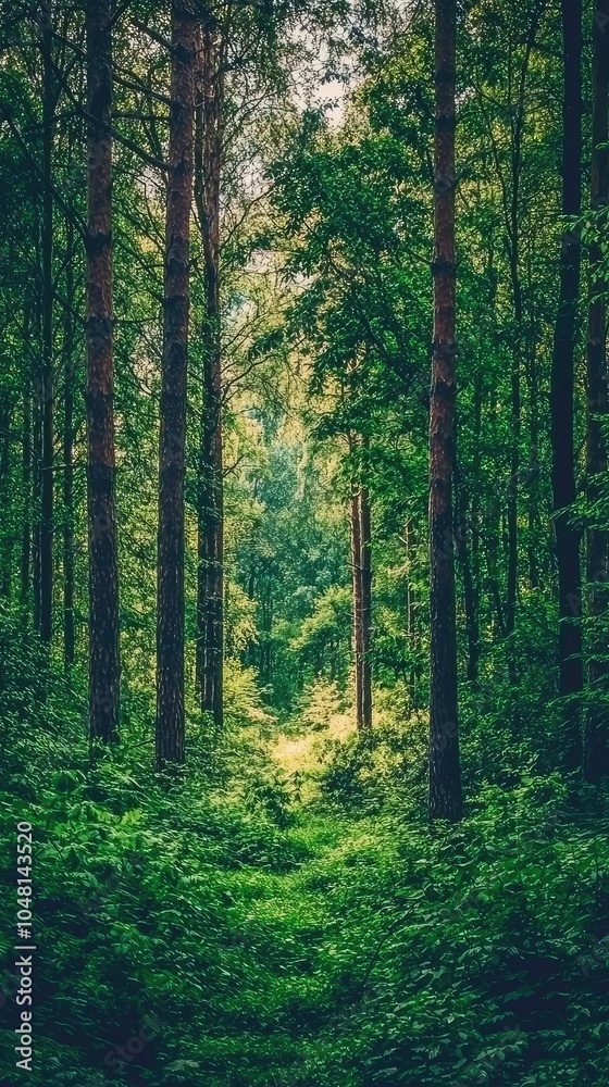 Serene Forest Scene with Tall Trees and Lush Undergrowth Serene Forest Scene with Tall Trees and Lush Undergrowth