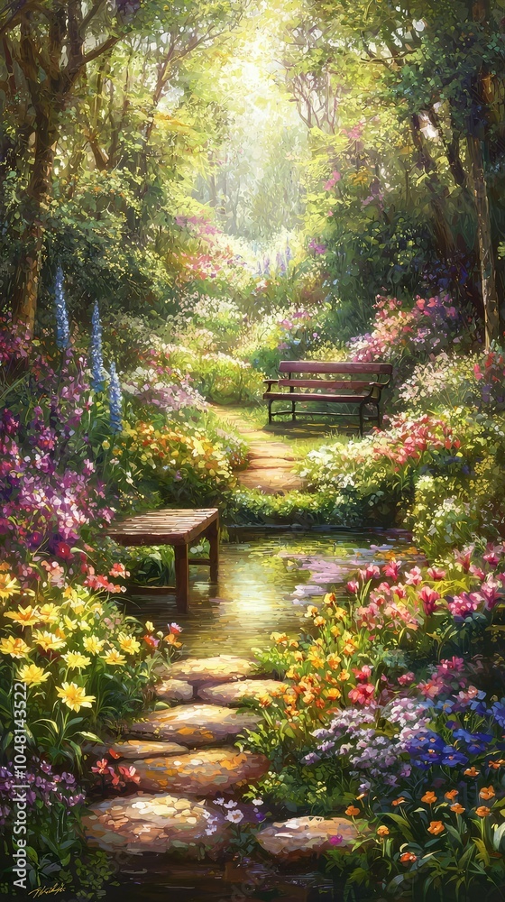 Serene Garden Pathway with Blooming Flowers Serene Garden Pathway with Blooming Flowers