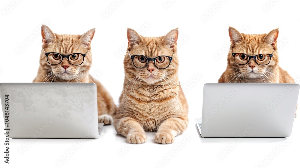 Three orange tabby cats wearing glasses and using laptops, isolated on white. Three orange tabby cats wearing glasses and using laptops, isolated on white.