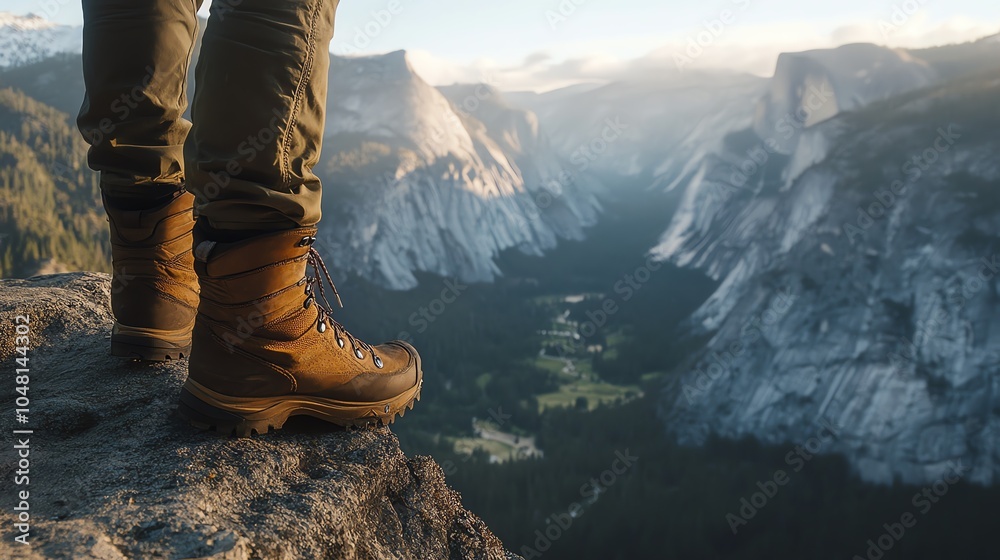 Hiker boots on cliff edge with stunning mountain valley view, adventure and nature. Hiker boots on cliff edge with stunning mountain valley view, adventure and nature.