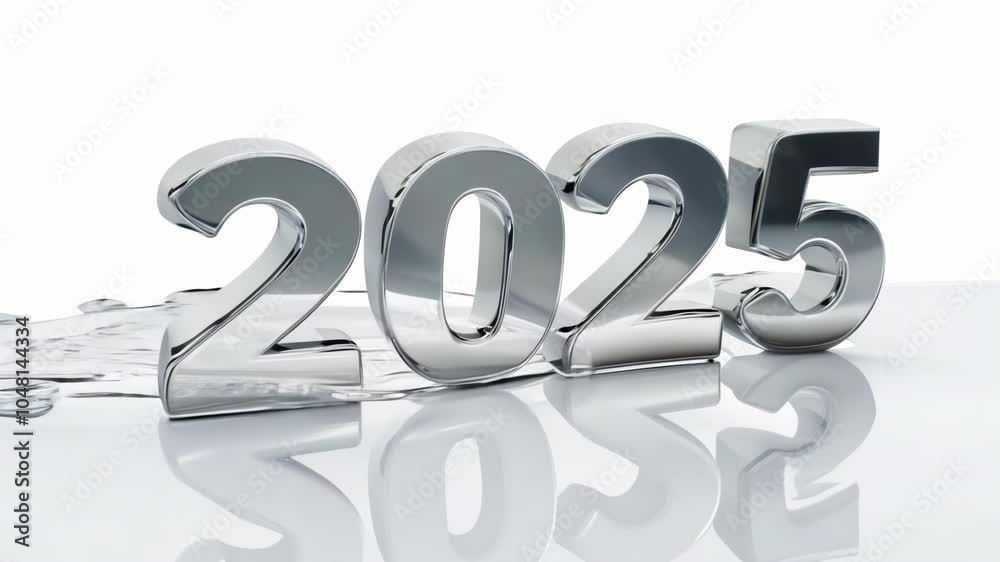 A sleek silver 2025 logo design with a modern metallic finish, set against a white background. Perfect for a futuristic or New Year's theme, with space for copy.