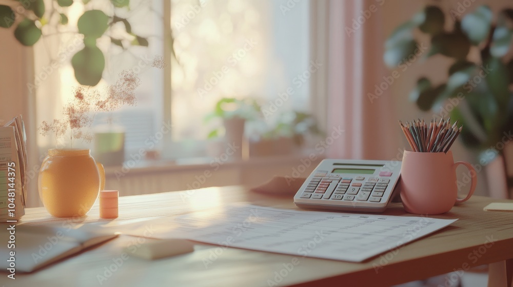 An empty scene featuring blank mockup template of profit and loss statements with a calculator, An empty scene featuring blank mockup template of profit and loss statements with a calculator,