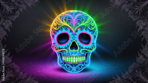 Sugar skull with radiant neon colors, surrounded by floating petals in the dark.