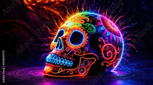 Fluorescent sugar skull with neon pink, yellow, and turquoise highlights.