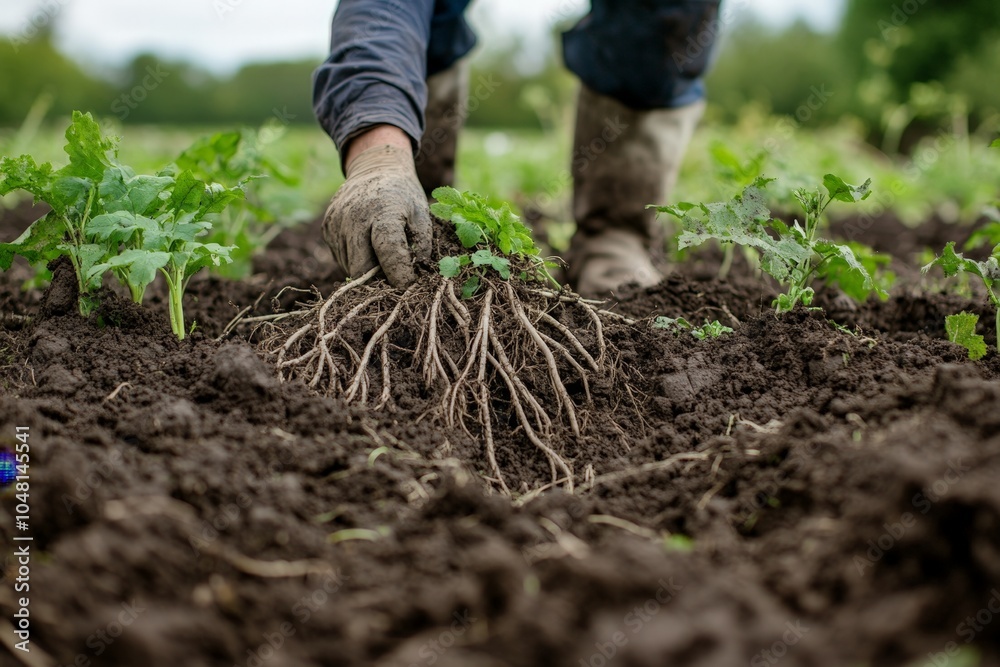 A farmer using a no-till technique on a regenerative farm, with healthy soil full of organic matter and roots. A farmer using a no-till technique on a regenerative farm, with healthy soil full of organic matter and roots.