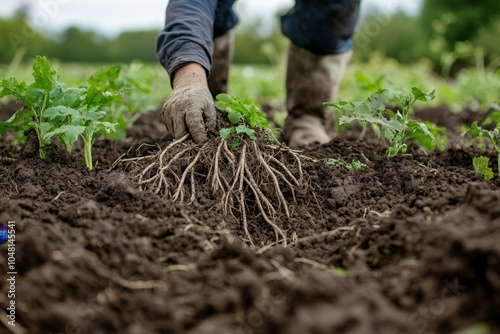 A farmer using a no-till technique on a regenerative farm, with healthy soil full of organic matter and roots.
