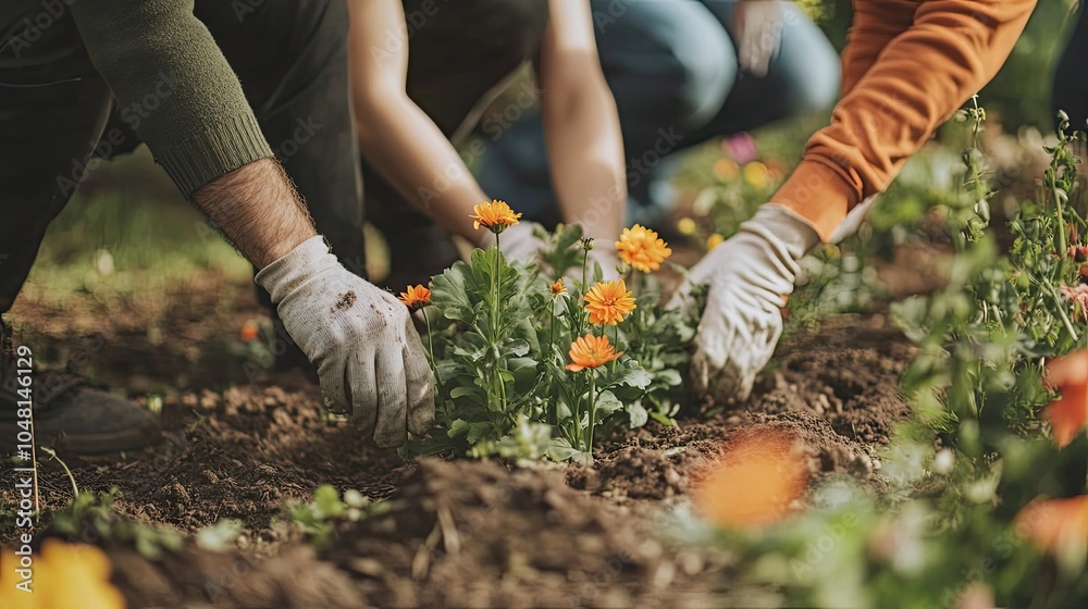 Fototapeta premium Closeup of Hands Planting Flowers in a Garden