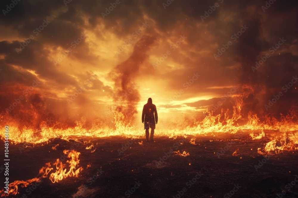 Fototapeta premium A figure standing at the edge of a burning field, flames rising, representing anger consuming everything in its path.