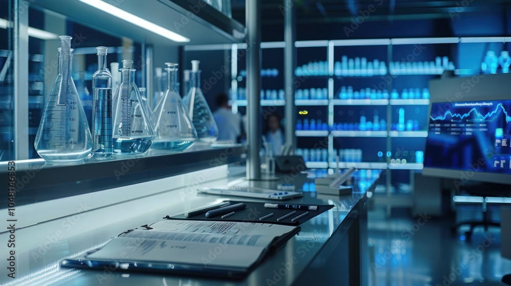 Laboratory Workbench with Beaker, Notebook, Pens and Monitor Displaying Data Laboratory Workbench with Beaker, Notebook, Pens and Monitor Displaying Data