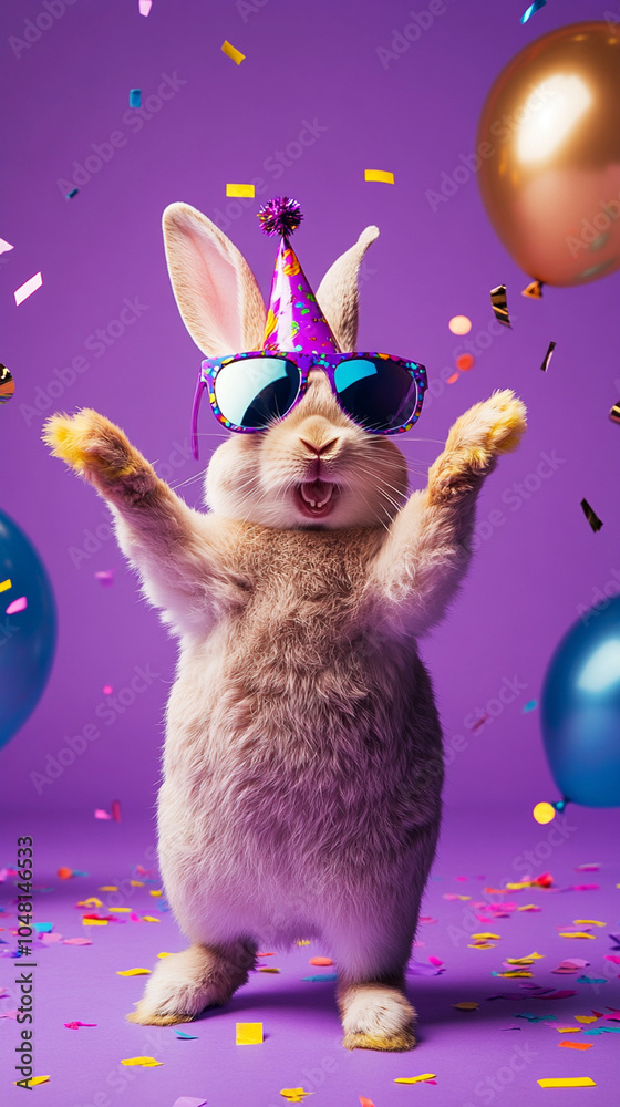 Party animal! Colorful photo of funny, happy rabbit hare on purple background. Ballons, confetti, party hat, happy mood. Birthday celebration vertical banner, instagram story, reel or tiktok Party animal! Colorful photo of funny, happy rabbit hare on purple background. Ballons, confetti, party hat, happy mood. Birthday celebration vertical banner, instagram story, reel or tiktok