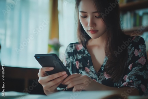 Unrecognizable woman using mobile phone while calculating the amount of her bills at home. Focus is on hand and cell phone