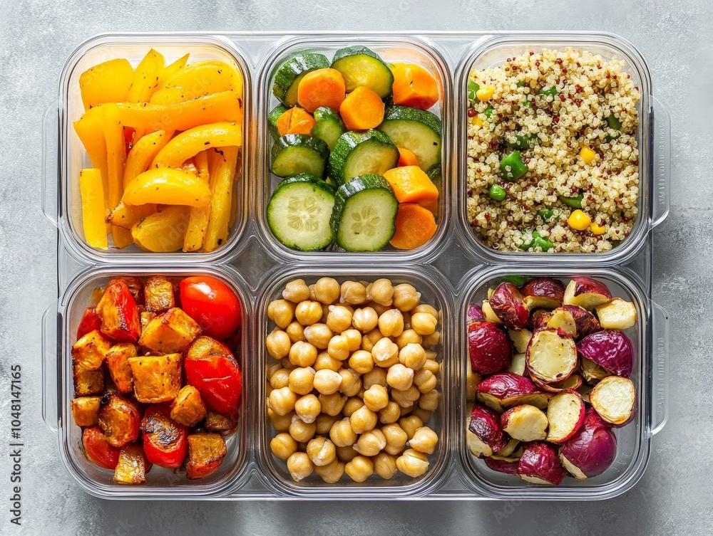 A flat-lay of vegan meal prep containers filled with quinoa, roasted vegetables, and chickpea salad, ready for the week. A flat-lay of vegan meal prep containers filled with quinoa, roasted vegetables, and chickpea salad, ready for the week.