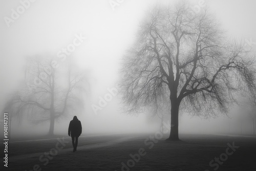A foggy morning in a park, with a solitary figure walking slowly among the trees, representing emotional heaviness and introspection.