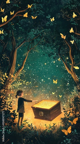 Whimsical Illustration of Discovery in a Magical Forest photo