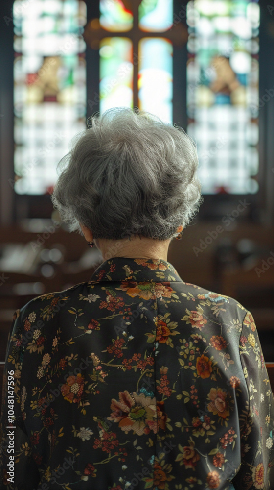 Korean Grandmather, tied hair, white light. Korean Grandmother is smiling watch from afar her family's back in Korean church.They watching the simple Cross on the wall. stained glass, back view Korean Grandmather, tied hair, white light. Korean Grandmother is smiling watch from afar her family's back in Korean church.They watching the simple Cross on the wall. stained glass, back view