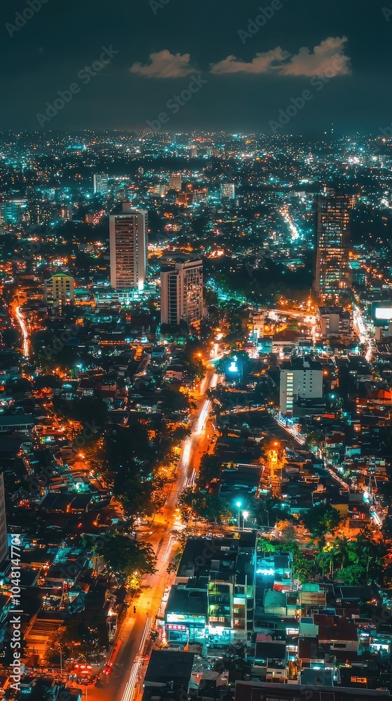 Fototapeta premium Aerial View of City with Skyscrapers at Night