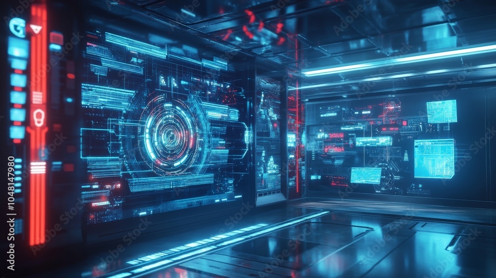 Fototapeta premium A futuristic AI-driven system defending against a cyber attack, with digital walls and shields forming in response to threats.